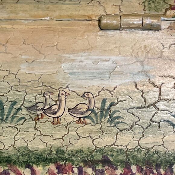 Vintage Painted Wooden Hinged Box Yellow Floral Garden Scene Crackled 6.5x5x5.5 - Picture 4 of 12